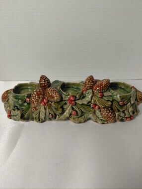 Ceramic Pinecone & Holly Triple Votive Candle Holder in Green